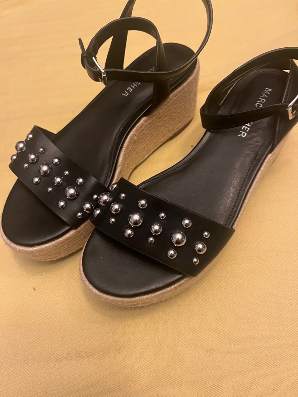 Marc Fisher Black Studded Espadrille Wedge Sandals with Ankle Strap size 6